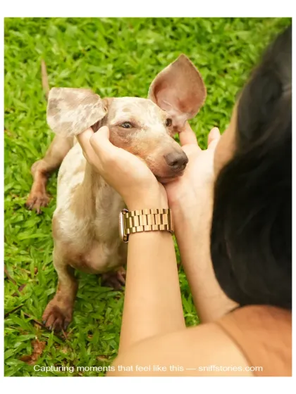 A woman gently holds the face of a dapple dachshund, a tender moment captured in a Singapore park.