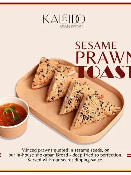 A bite of my signature Sesame Prawn Toast. I use my house-made shokupan bread, top it with minced prawns, and fry it to golden perfection. It's a crowd-pleaser every time.
