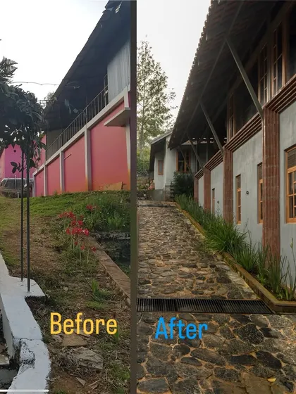 A direct before and after comparison of a pathway at the TARA resort. The transformation highlights my approach of replacing artificial elements with natural, locally sourced materials like cobblestone to enhance the rustic charm.