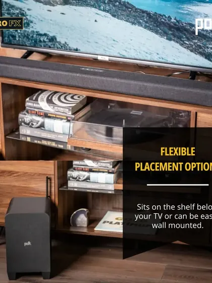 The Polk Signa S4 system offers flexible placement options. The soundbar can sit on a shelf below your TV or be easily wall mounted, while the wireless subwoofer can be placed wherever it sounds best in your room.