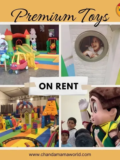 Premium toys on rent. This collage features a Chhota Bheem mascot, highlighting one of the extra services I offer to make your child's party or event even more magical and memorable.