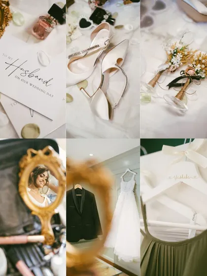 A collage of elegant wedding details, including the invitation, shoes, and a "To My Husband" note. These flat-lay shots add a touch of sophistication and storytelling.