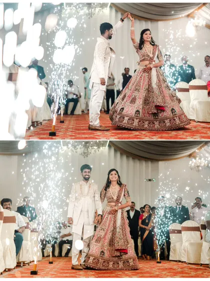 A duplicate of image 227, capturing the couple's grand entrance with sparklers.