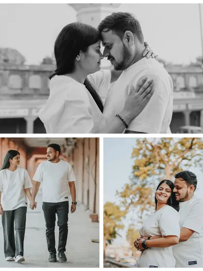A series of candid moments captured in black and white and soft color, showing a couple in matching white t-shirts enjoying a relaxed walk through Jaipur's historic areas.