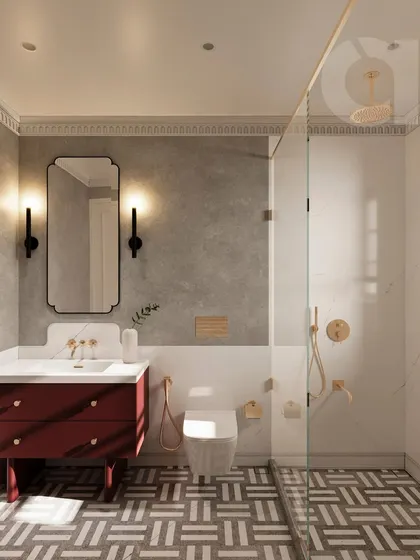 The bathroom in this bungalow is an experience in quiet luxury. I used a bold red vanity as a centerpiece, contrasted with textured concrete walls, patterned flooring, and brass fixtures to create a powder room that feels both stylish and deeply personal.