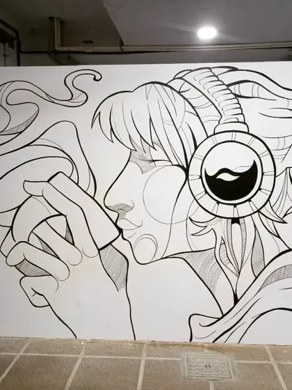 The beginning of a large graphic wall art for a cafe. This is the initial black and white line drawing, done completely freehand.