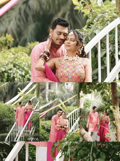 A collage of a couple's tender moments during their Haldi celebration, set in a lush garden.