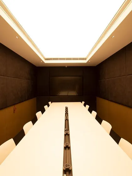 This conference room features a Barrisol stretched ceiling, which I specified to create a perfect, shadow-free plane of light. This solution is ideal for video conferencing and meetings, providing high-quality, glare-free illumination across the entire table.
