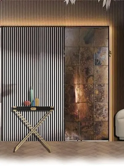 This is a digital mood board I created for a showroom design. It shows how I blend diverse textures like antique mirror, metallic paint, and custom wallpaper to create a rich, layered, and visually interesting highlighter wall.