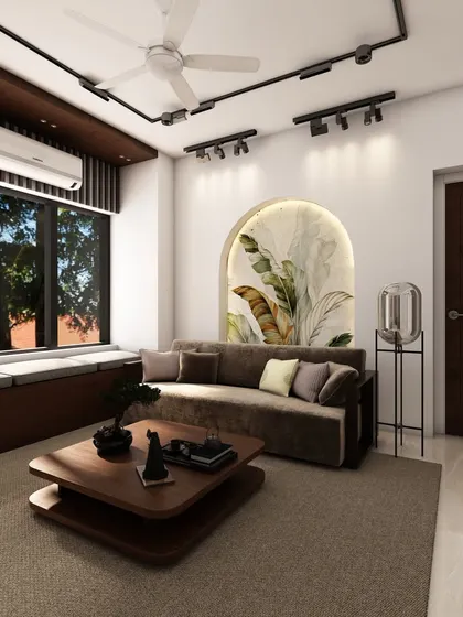 This living room design features a cozy window seat, a comfortable sofa, and a striking botanical mural within an arched niche, bringing a touch of nature indoors.