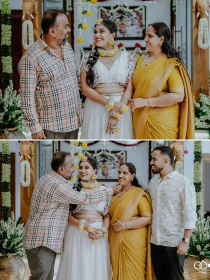 A diptych showing the bride's loving interaction with her parents during the Haldi ceremony.