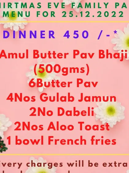 My family packs are great for small parties and get-togethers. This Christmas combo included a mix of meal and snack items like Amul Butter Pav Bhaji, Dabeli, Aloo Toast, and French fries.