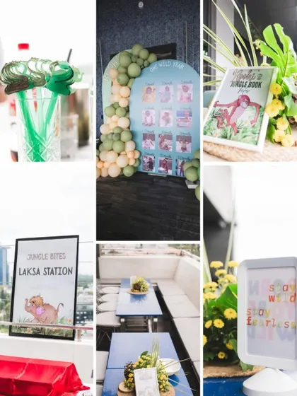 Another collage of the Jungle Book party, highlighting the memory wall, themed drinks, and creative signage like "Stay wild, stay fearless."