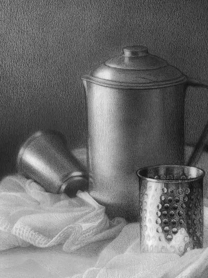"Echoes of Everyday," an A4 still life of ordinary kitchen items. I focused on how light dances across the metal jug and textured glass.