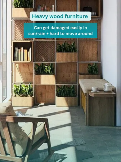 Planning a balcony makeover? Avoid common mistakes like using heavy wood furniture that can get damaged in the sun and rain.