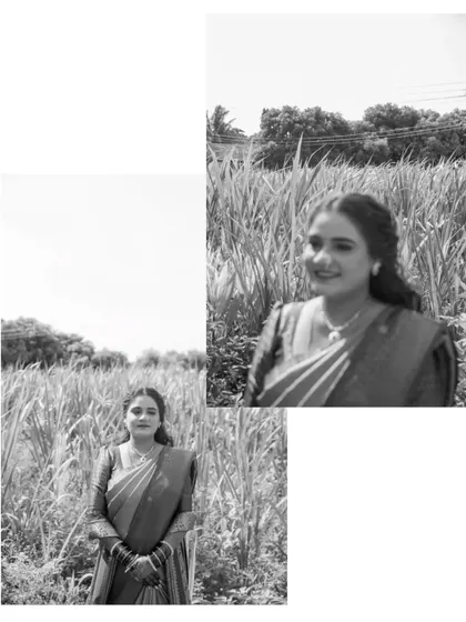 A black and white collage of the bride in a natural field setting, creating a timeless and classic feel.