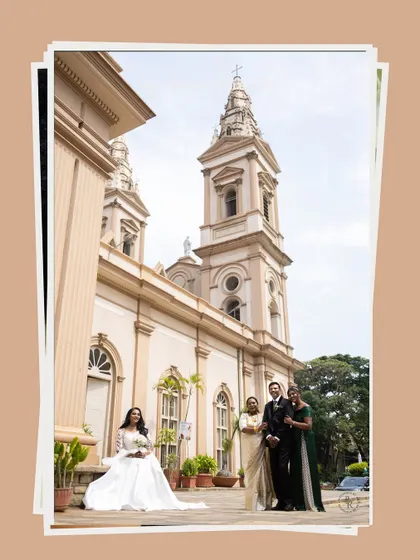 A beautiful family portrait outside the church, with the bride in her magnificent white gown, a cherished memory of the wedding day.