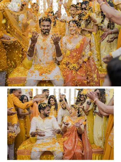 The grand finale of the Haldi, with the couple being showered in a sea of yellow petals. These are the epic, joyful shots that define the event.