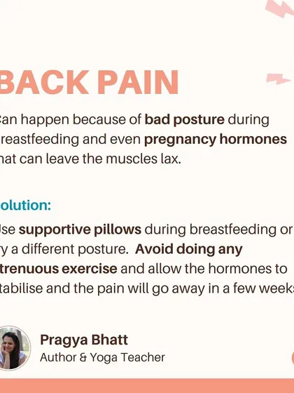 Back pain is a common postpartum complaint, often caused by poor breastfeeding posture and lax muscles from pregnancy hormones. Using supportive pillows and avoiding strenuous exercise can help.
