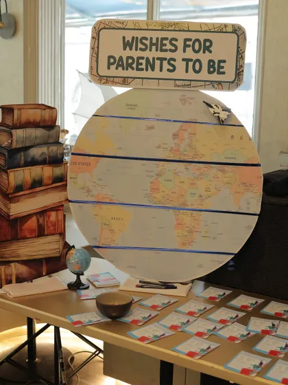 The full wish station setup, complete with a globe, vintage books, and the world map board.