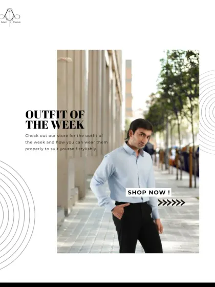 This sky blue cotton shirt is a wardrobe essential. Here it's shown on a model in a casual, stylish setting, proving that even a basic shirt, when tailored correctly, can be the star of your outfit.