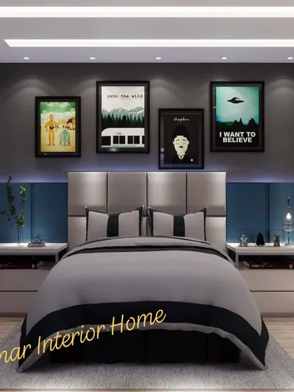 A teen's room with a grey and blue theme, featuring cool, pop-culture posters above the bed.