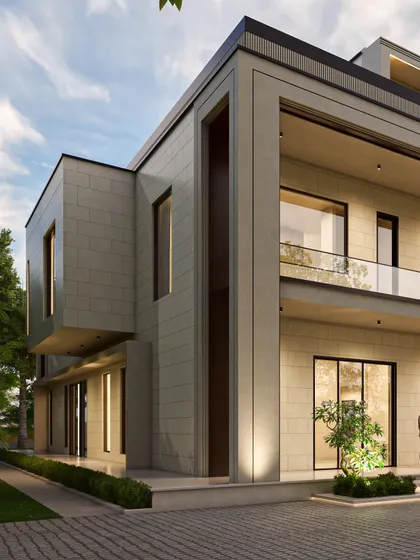 A close-up view of the farmhouse render shows the clean lines of the stone cladding and the deep-set windows. A small tree planted by the entrance adds an organic touch that softens the structure's linear geometry.