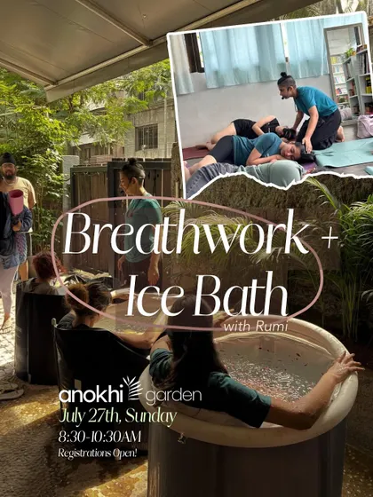 A collage from our Breathwork and Ice Bath session with Rumi. It captures the journey from guided breathing on the mat to the empowering experience of the ice immersion itself.