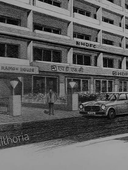 A close-up detail of the Ramon House entrance and the classic Fiat car, elements that were crucial for achieving the vintage look.