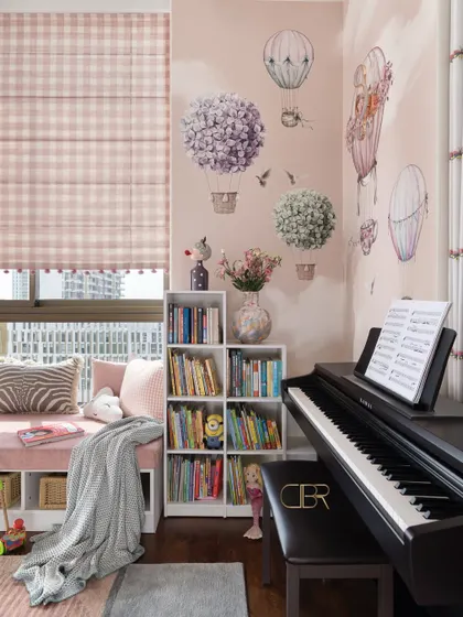 This corner of the kids' room features a whimsical hot air balloon wallpaper, a bookshelf for stories, and a piano for creativity. Every detail is intentional, designed to nurture a child's imagination and grow with them over time.