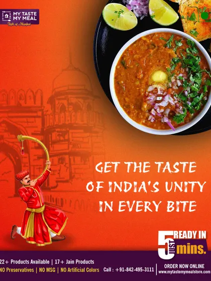 This image celebrates the unity of India's taste with a bowl of delicious Pav Bhaji, a flavor that represents the heart of Mumbai.