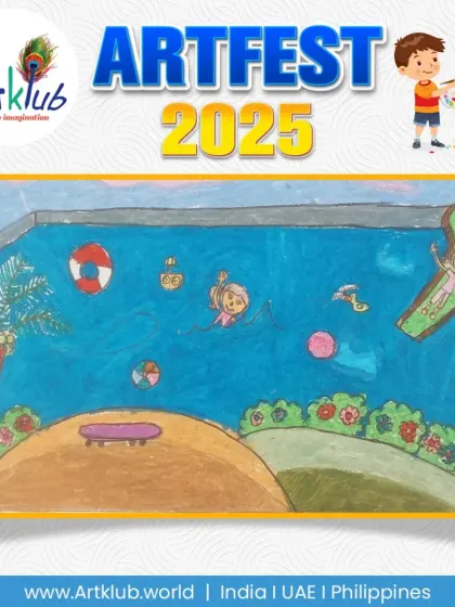 A junior artist's drawing of a day at the beach or pool. The scene is filled with imaginative details like a skateboard on the sand and a floating inner tube.