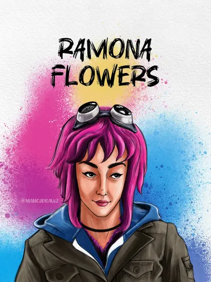 My illustration of Ramona Flowers from Scott Pilgrim, set against a colorful spray paint background. This version feels energetic and matches the vibrant, chaotic energy of the comics and movie.