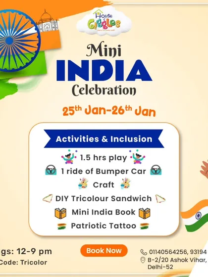 Our Mini India Celebration is a patriotic party! The event includes play time, bumper cars, a DIY Tricolour Sandwich craft, and a Mini India book giveaway.