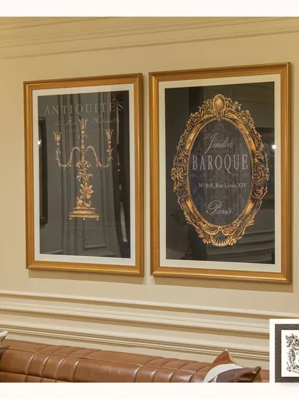 A closer view of the Victorian wall art, showcasing the 'Jardin Baroque' print. The ornate, gilded details in the artwork perfectly complement the classic and luxurious theme of the room.