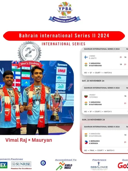 A hard-fought battle to the finals. Vimal Raj and his partner secured the Silver Medal in Men's Doubles at the Bahrain International Series II 2024.