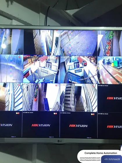 We provide a professional, multi-camera monitoring setup that leaves no blind spots. This screen shows a live feed from a Hikvision system we installed, covering multiple angles of a property for comprehensive surveillance.