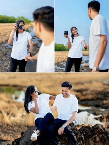 A fun, interactive collage where the couple uses a vintage camera as a prop. This adds a personal and playful touch to their pre-wedding photography.