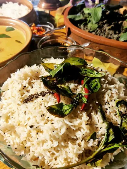 Our Crackling Basil Thai Rice, a fragrant and flavourful dish infused with the aroma of fresh Thai basil, chili, and other spices.