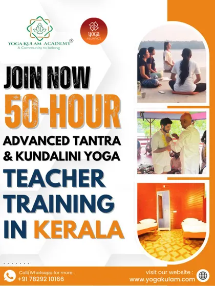 This poster for our 50-hour Tantra and Kundalini course shows glimpses of the experience: meditation by the water, a one-on-one blessing, and the simple, clean accommodation provided.