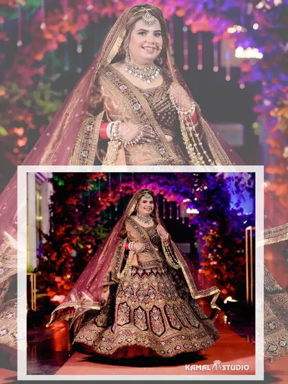 A diptych of the bride's portraits, showcasing her full lehenga and her radiant smile.