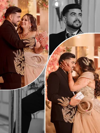 A collection of images from a school-sweethearts' engagement, capturing their story from candid moments to romantic portraits.
