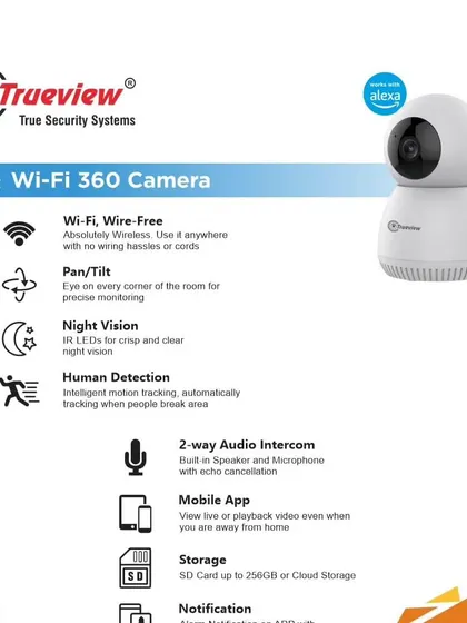 The Trueview Smart Wi-Fi 360 camera is a feature-packed device for indoor surveillance. It offers pan-tilt functionality, night vision, human detection, and two-way audio to help you keep an eye on your home.