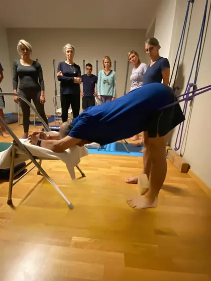 Additional images from my personal practice and teaching sessions, demonstrating a wide variety of asanas and the use of props. Each photo shows a moment of exploration in the journey of yoga.