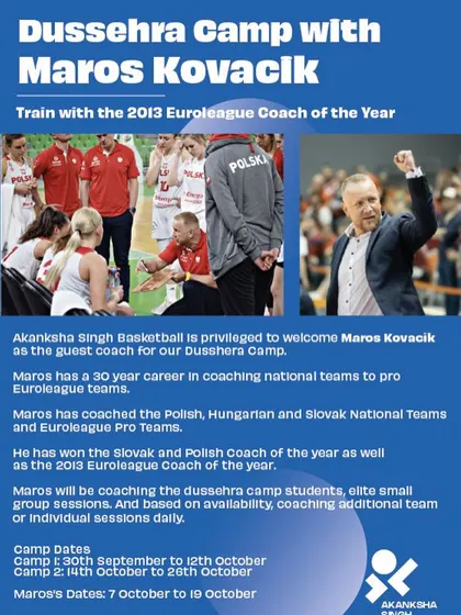 The official poster for our Dussehra Camp with Maros Kovacik, the 2013 Euroleague Coach of the Year. He coached camp students, elite small groups, and additional team sessions.