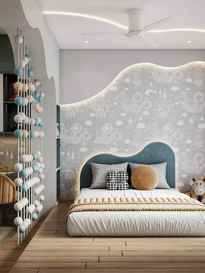 A 3D view of a luxury kid's bedroom featuring a low platform bed with a curvy teal headboard. A bespoke decorative partition with pastel-hued beads artfully separates the sleeping and play zones.