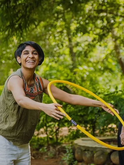 I love seeing the moment it just 'clicks' for someone. This snapshot from a hoop session captures the pure joy of learning and playing. My workshops are for everyone, especially if you think you can't dance.