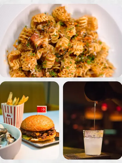 This collage highlights some of our most beloved comfort food dishes, including a hearty pasta, a juicy burger with fries, and a refreshing cocktail to wash it all down. It shows that we do casual classics just as well as fine dining.