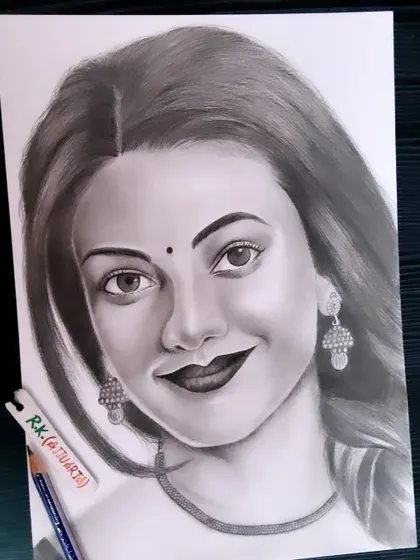 Another view of my Kajal Aggarwal portrait, showing the artwork from a slight angle.