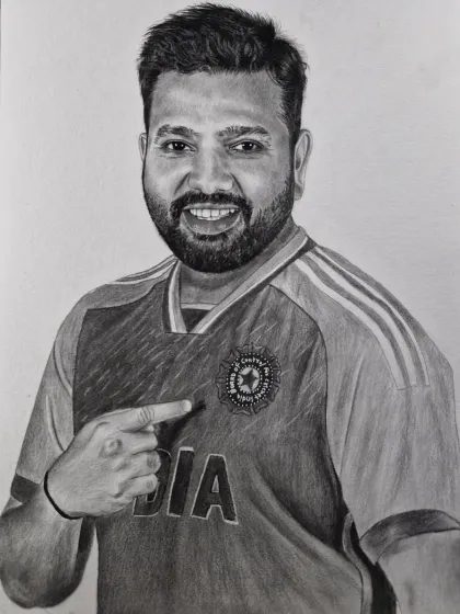 A portrait of Indian cricket champion Rohit Sharma, pointing to the team logo with pride. A perfect piece for any cricket fan.